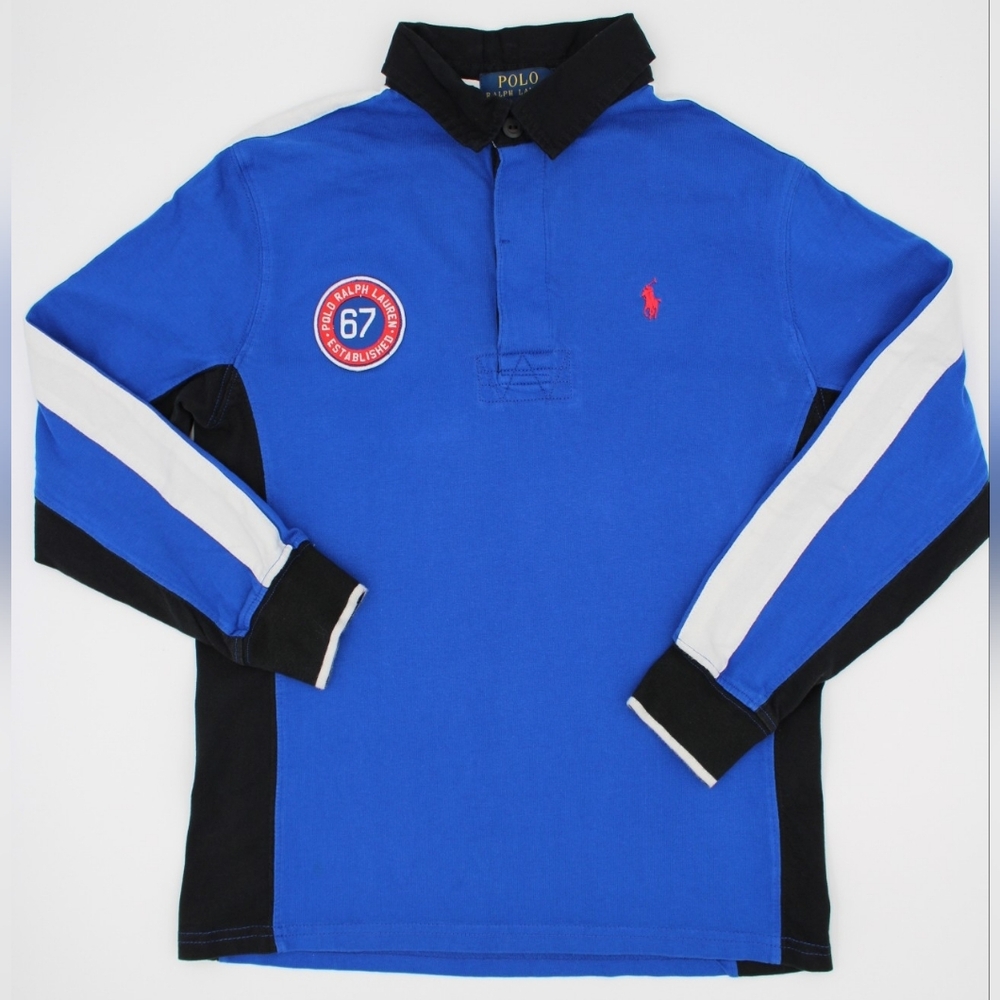 Boys Blue Black White 67 Long Sleeve Polo Shirt M (12/14)